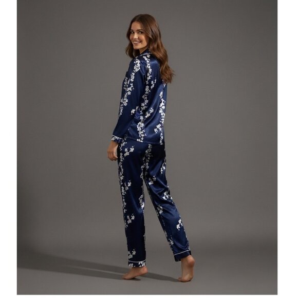 Floral Print Satin Top & Pants PJ Set / Pyjama Set Blue - Picture 2 of 5